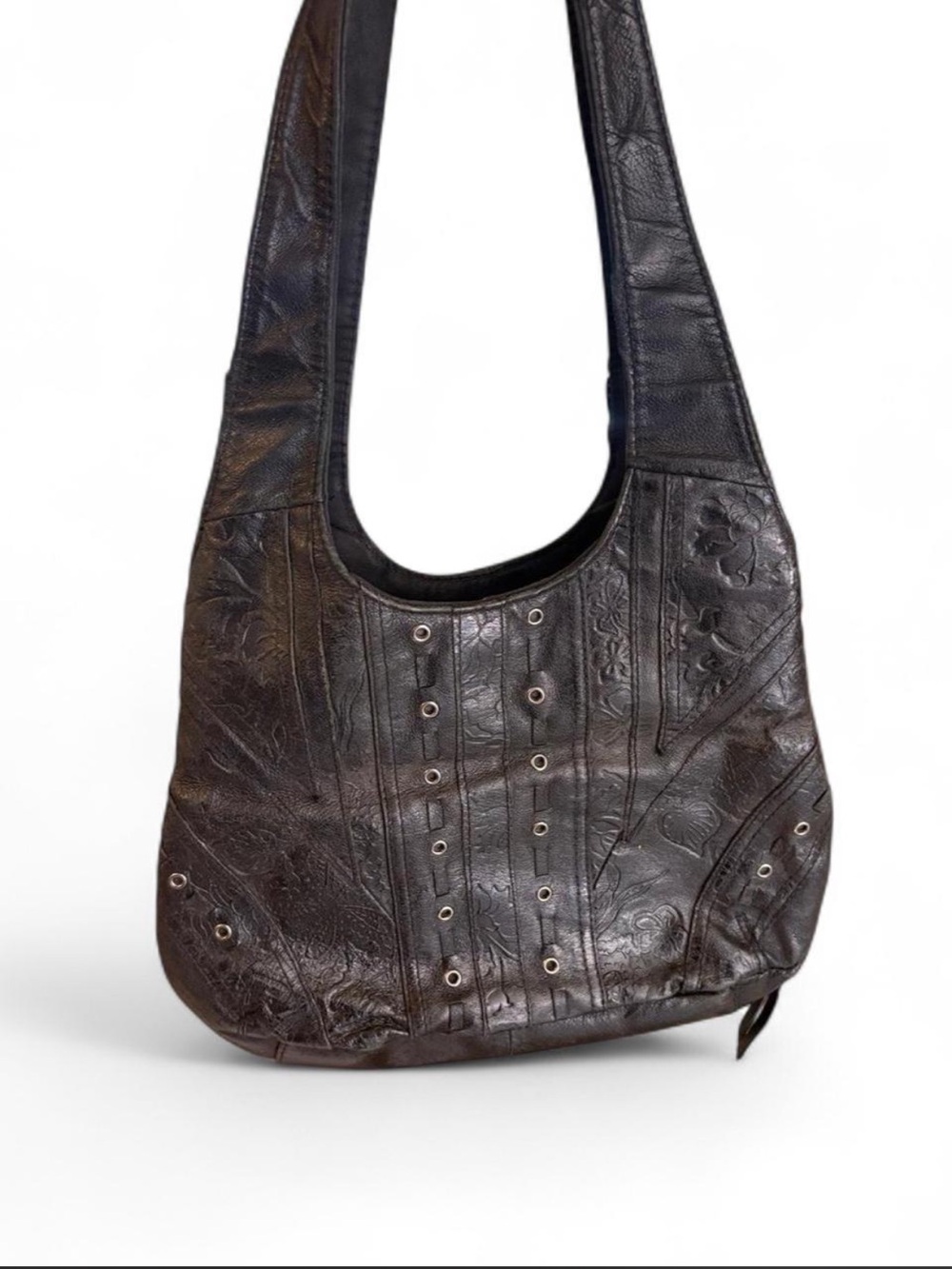Cabin Creek Black Leather Embossed Floral Grommet Shoulder Bag Vintage Style